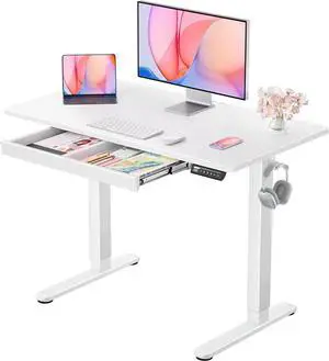 44" x 24" Electric Standing Desk with Drawers, Height Adjustable Desk with 4 Preset Heights, Ergonomic Rising Home Office Computer Table with Splice Board, White