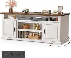Farmhouse TV Stand for TVs Up to 80 inches, Modern Entertainment Center TV Stand with Drawers Storage Cabinets, Adjustable Shelves, Rustic Media TV Console Table for Living Room, Bedroom, White