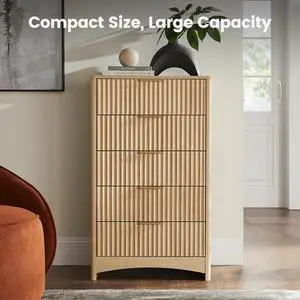 Tall 5 Drawer Dresser, Modern Fluted Vertical Chest of Drawers with Rounded Corners, Pre-Installed Drawer Slides, Narrow Storage Organizer for Bedroom, Hallway, Natural Oak