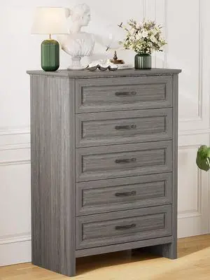 5 Drawers Dresser Chests for Bedroom, 42.7 Inch Tall Wooden Dresser, Farmhouse Storgae Organizer with Large Drawers & Bar Handles for Bedroom, Entryway, Hallway, Grey