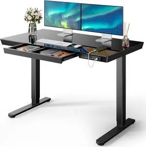 Glass Standing Desk with Drawer, 48 x 24 inch Electric Standing Desk, Height Adjustable Desk with One-Piece Tabletop & USB Charging Ports, Sit Stand Desk with Storage for Home & Office Black
