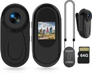 Mini Body Camera HD 1080P Thumb Action Cam, Wearable Body Cam with 64GB Card Night Vision 0.9 Display Magnetic Pendant, POV Cam Small Video Recorder Portable Sports Camera for Pet Cycling Vlogging