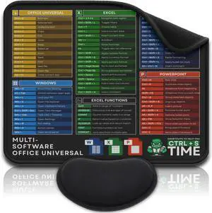 [Multi Software] Computer Shortcuts Mouse Pad for Excel/PowerPoint/Word - Wrist Rest Included. Small Mousepad, Cheat Sheet Common Office Commands, Functions Waterproof & Non-Slip Desk Pad [12 x 10]