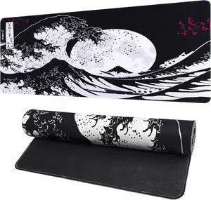 Japanese Mouse Pad, Black Anime Gaming Mousepad Non-Slip Rubber Base with Stitched Edges, Keyboard Pad Desk mat for Home/Office/School, 31.5 x 11.8 Inch