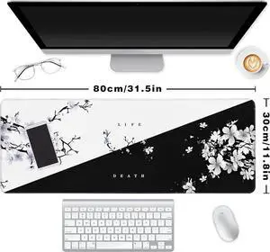 Long Gaming Mouse Pad Extended Anime Large Desk Pad with Non-Slip Base Full Keyboard Mat with Stitched Edges for Gaming and Office 31.5 x 11.8 inches (Black Cherry Blossom)