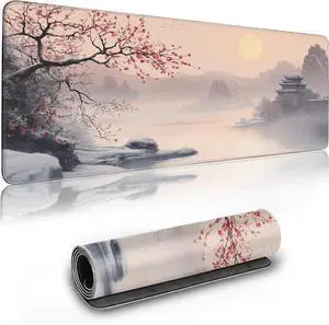 Long Gaming Mouse Pad Extended Anime Large Desk Pad with Non-Slip Base Full Keyboard Mat with Stitched Edges for Gaming and Office 31.5 x 11.8 inches (Winter Cherry Blossoms)