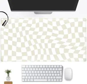 Beige Desk Mat Lattice Mouse Pad Large Cute Desk Pad XXL, Minimalist Keyboard Mat Abstract Aesthetic Mouse Mat, Checkered Aesthetic Desk Accessories Desktop Wireless Mouse Mat 31.5"x15.75"