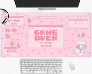 Pink Kawaii Anime Gaming Mouse Pad XXL, Strawberry Milk Mousepad Large, Aesthetic Laptop Keyboard Mats, Full Desk Mouse Mat for Women Girl 31.5X15.7 in