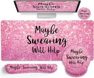 Pink Mouse Pad Set, Ergonomic Mouse Pad with Wrist Rest Keyboard Wrist Support, Large Desk Matt for Desktop, Gaming Mousepad Cup Coaster Set, Cute Pink Office Desk Accessories Decor Supplies