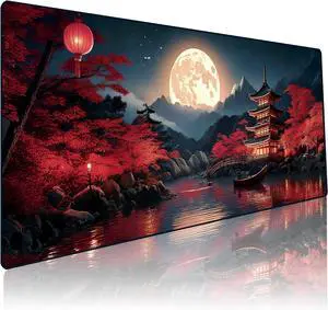 Japanese Mouse Pad, Large Japanese Desk Mat, XL Anime Desk Mat, Non-Slip Rubber Base, Big Extended Desk Protector for Home Office, 31.5x11.8 (Riverside Full Moon)