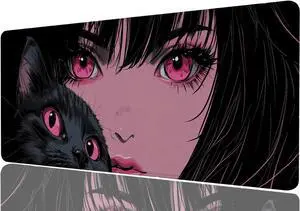 Anime Girl Gaming Large Mouse Pad, Manga Pink Eyes Cute Cat Large Gaming Mouse Mat with Stitched Edges,Non-Slip Waterproof Rubber Base Mous Mat, Office Computer Keyboard Laptop Home, 31.5x11.8