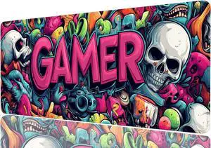 Gamer Extended Mouse Pad, Colorful Skull Video Game Mousepad XL Large Gaming Mouse Pad Laptop Keyboard Mat Mouse Pad, XXL Extended Mouse Protector for Home Office, 31.5x11.8