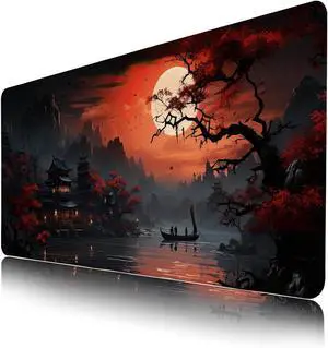 Japanese Cherry Blossom XL Gaming Mouse Pad,Funny Anime Riverside Moon Mouse Pads,Waterproof Non-Slip Rubber Desk Mat with Stitched Edges, Aesthetic Mousepad for Office and Gamers, 35.4 x 15.7 in