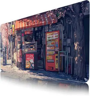 Japanese Anime Shop Cloud Cherry Blossom XL Gaming Mouse Pad, Retro Anime City Street Large Waterproof Non-Slip Rubber Desk Mat with Stitched Edges, Aesthetic Gifts for Girls Gamers, 35.4 x 15.7 in