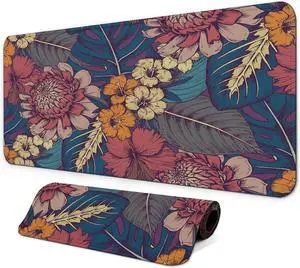 Large Floral Computer Mouse Pad with Non-Slip Base for Desktop, Aesthetic Wildflowers Gaming Mouse Mat with Stitched Edges, Long Extended Anime Mousepad for Laptop, 35.4 x 15.7 inches