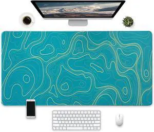 Large Desk Mat with Topographic Design, Gaming Mouse pad, 31.5 x 15.7 inches, Turquoise and Gold, Non-silp Base