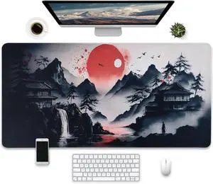 Japanese Art Landscape Extended Gaming Mouse Pad, Large Desk Mat with Non-Slip Base, 31.5 x 15.7 inches, Red Sun Mountain Design