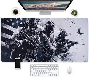 Military Gaming Mouse Pad, Extended XXL Desk Mat with American Flag Design, 31.5 x 15.7 inches, Non-Slip Base, Black and White