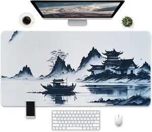 Large Asian Landscape Desk Mat, Extended Gaming Mouse Pad, Non-Slip Base, 31.5 x 15.7 inches, White and Blue