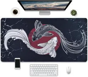 Large Gaming Mouse Pad with Japanese Koi Fish Design, Extended Desk Mat, 31.5 x 15.7 inches, Black and Red, Non-Slip Base,Waterproof Surface