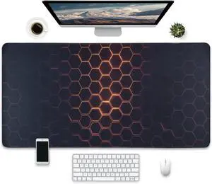 Gaming Mouse Pad, Extra Large Desk Mat, 31.5 x 15.7 inches, Hexagon Pattern Design, Non-Slip Base, Waterproof Surface, Black and Orange