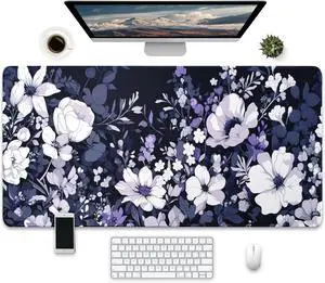 Large Floral Desk Mat, Navy Blue and White Design, Extended Mouse Pad, 31.5 x 15.7 inches, Non-Slip Base
