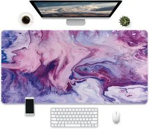 Large Desk Mat with Marble Design, Purple and Blue, Extended Gaming Mouse Pad with Abstract Pattern, 31.5 x 15.7 inches, Non-Slip Base