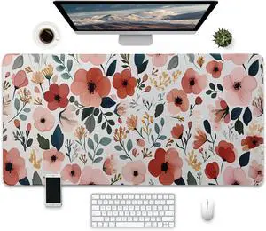 Floral Desk Mat, Extra Large Mouse Pad with Non-Slip Base, Pink and White Watercolor Design, 31.5 x 15.7 inches