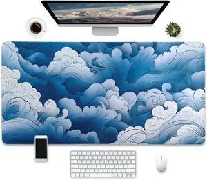 Large Desk Mat with Ocean Wave Design, Extended Gaming Mouse Pad, 31.5 x 15.7 inches, Blue and White