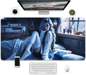 Large Gaming Mouse Pad, Anime Art Design, Extended XXL Desk Mat, 31.5 x 15.7 inches, Blue and White