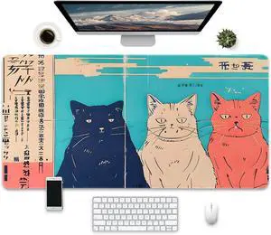 Japanese Style Cat Design Extended Gaming Mouse Pad, Large Desk Mat, 31.5 x 15.7 inches, Non-Slip Base