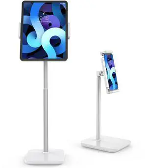 Adjustable aluminum alloy stand for mobile phones, tablets and laptops, with height increase and rotation function for desktop use.