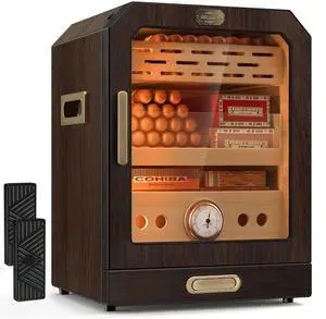 Electric Cigar Humidor Lighted Control Magnetic Door Desktop Cigar Humidor Cabinet,with Cigar Accessory Drawer 2 humidifiers 3 Layer Large Capacity Humidor,Hold 100-150 Cigars Gift for Cigar Lover