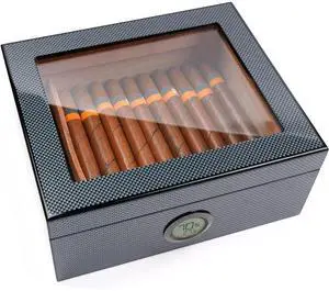 Cigar Humidor, Jesfuren Glass Top Cedar Cigar Box with Front Digital Hygrometer, Humidifier Gel & Divider, Desktop Humidor Case Hold 25-50 Cigars
