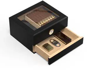 Cigar Humidor Case Box with Electric Hygrometer Humidifier Divider and Spanish Cedar Wood Shelf for 25-50 Counts, Black