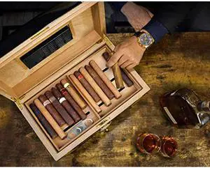Cigars Humidor- Humidor Cigar Box for 150 Cigars- Cigar Box Gift for Smokers - Travel Humidor in Spanish Cedar Wood Interior, Accessory Drawer and Exterior Hygrometer for Cigar Humidor