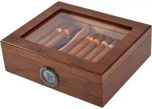 Humidor Cigar Box Cedar Wood Cigar Humidor with Thermometer Digital Hygrometer and Front Humidifier Tempered Glass Top Display Hold 15-40 Cigars by Jansfuren