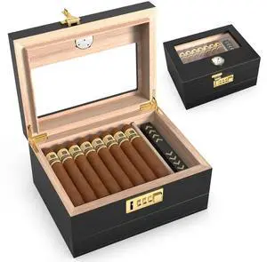 Lockable Cigar Humidor, Glass Top Cigar Cabinet with Hygrometer,Complete Accessories Set,Holds 25-50 Cigars