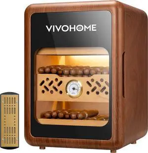 21L Cigar Humidor Box, Desktop Cigar Humidor Cabinet with Light for 200 Cigars, Spanish Cedar Wood Inner Shelves and Drawer, Accurate Hygrometer, Humidifier, Father's Day Gift for Men Brown