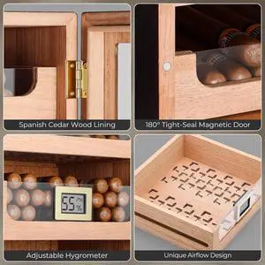 Cigar Humidor Cabinet for 150 Cigars  Spanish Cedar Lining, Digital Hygrometer, Magnetic Seal, 3 Drawers + Accessory Storage  Gift for Cigar Aficionados
