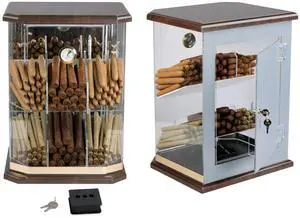Franklin Wood Acrylic Display Cigar Humidor w/ 6 Bins & Hydrometer - Rich Solid Wood Top & Base - Capacity: 150