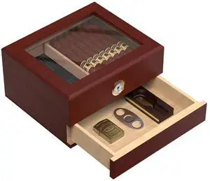 Cigar Humidor Case Box with Electric Hygrometer Humidifier Divider and Spanish Cedar Wood Shelf for 25-50 Counts, Luxuary Glass Cigar Case for Men, Brown