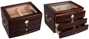 Regent Glass Top Cigar Humidor w/ 3 Drawers - Dark Mahogany Finish - Capacity: 75