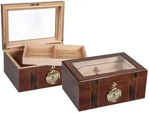 Ambassador Beveled Glass Top Cigar Humidor - High Gloss Dark Mahogany Finish - Capacity: 100