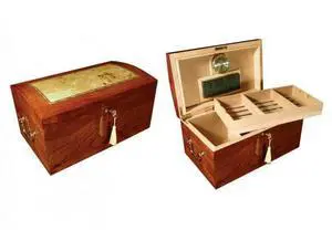 Broadway Arc Shaped Top Cigar Humidor - High Gloss Burl Wood Finish w/ Light Mappa Wood Inlay - Capacity: 150