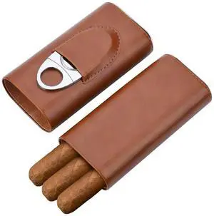 Premium Brown Leather Cigar Case, Cedar Wood Lined Cigar Humidor with Silver Stainless Steel Cutter