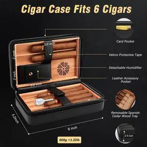 Cigar Humidor Leather Cedar Wood Cigar Case with Cigar Lighter V Cut Cigar Cutter Cigar Holder 3 in 1 Travel Cigar Humidor Box
