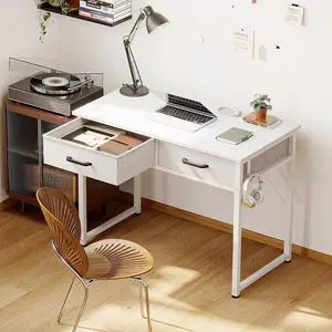 32 Inch Writing Desk with 2 Fabric Drawers, Modern Study Table with Storage for Student/Kids, Small Computer Desk for Small Space, Home Office Desk, Pure White