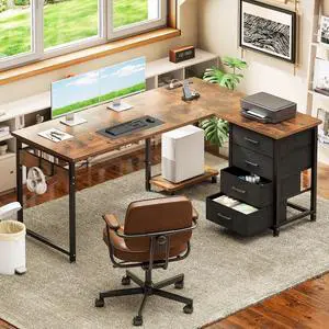 L Shaped Computer Desk with Charging Station , 53 inch PC Table Study Desk 4 Tier Drawers, Modern Simple Style Laptop Desk for Bedroom, Vintage