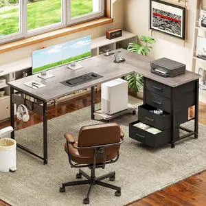 L Shaped Computer Desk with Charging Station , 53 inch PC Table Study Desk 4 Tier Drawers, Modern Simple Style Laptop Desk for Bedroom, Grey Oak